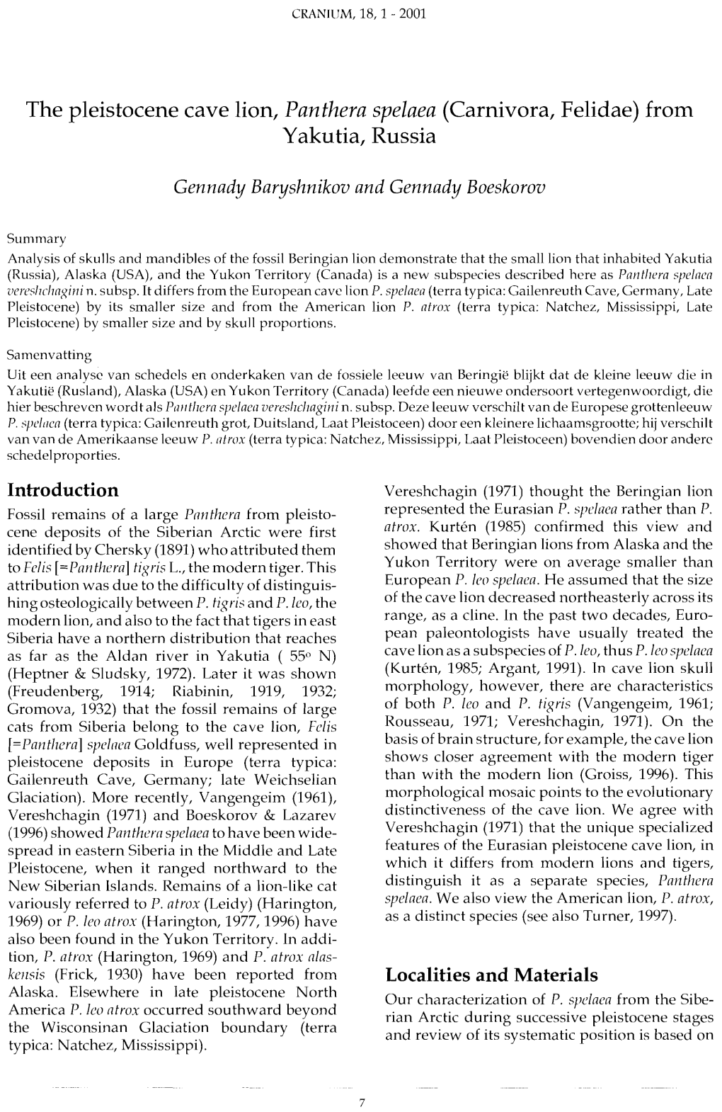 The Pleistocene Cave Lion, Panthera Spelaea (Carnivora, Felidae) from Yakutia, Russia