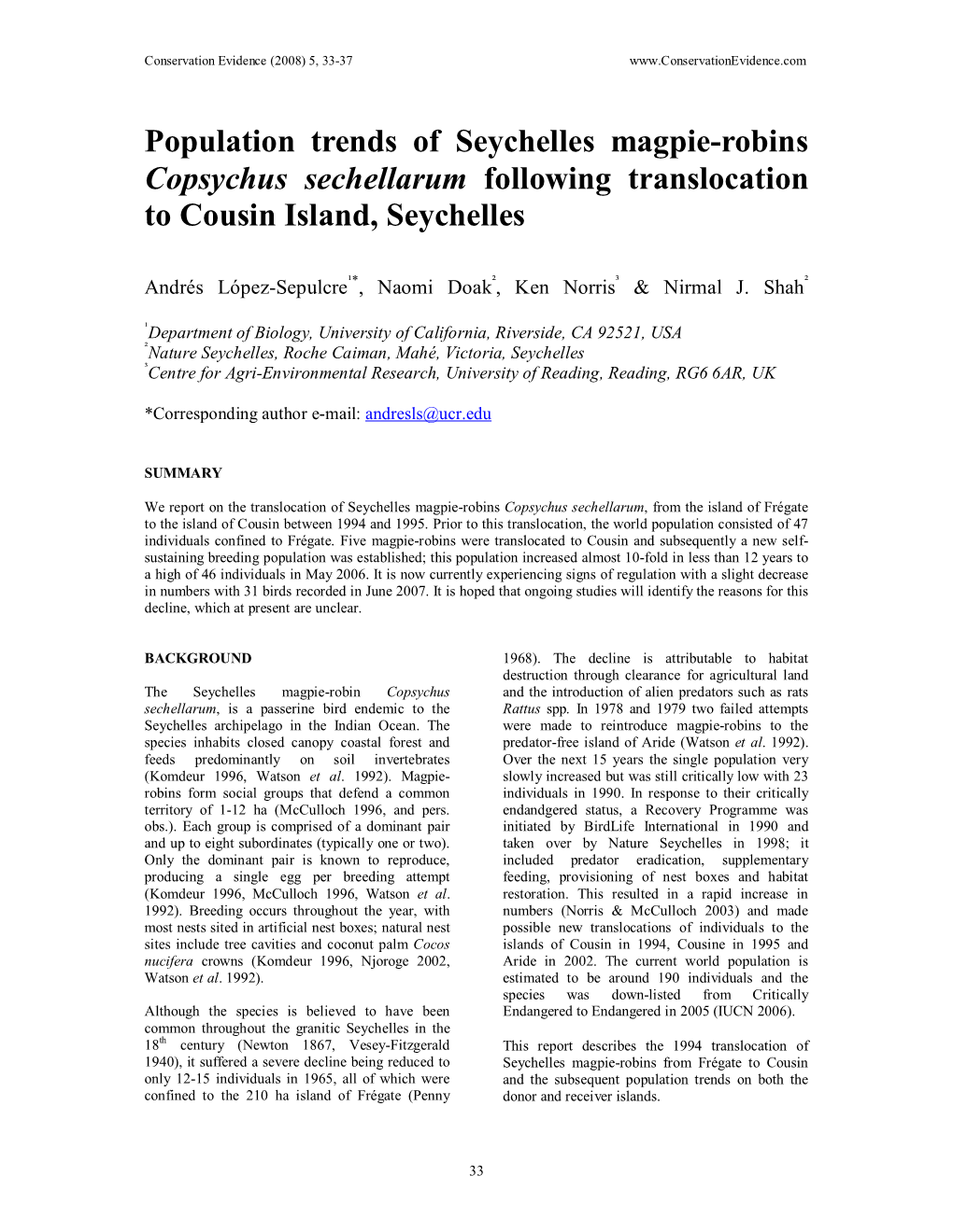 Population Trends of Seychelles Magpie-Robins Copsychus Sechellarum Following Translocation to Cousin Island, Seychelles