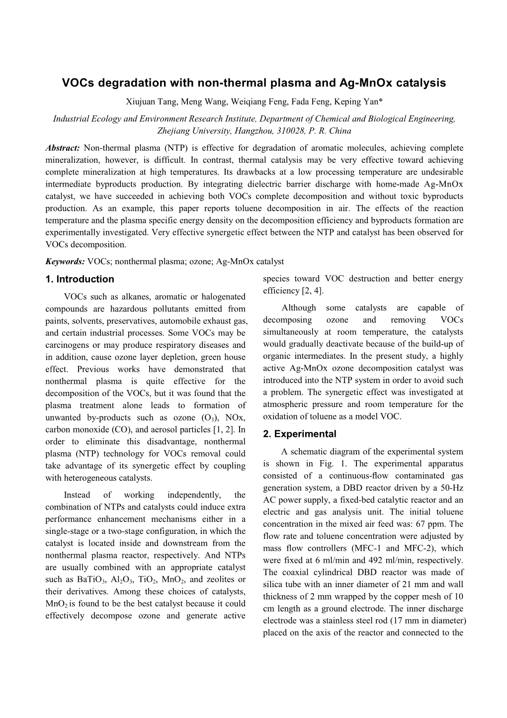 Vocs Degradation with Non-Thermal Plasma and Ag-Mnox Catalysis