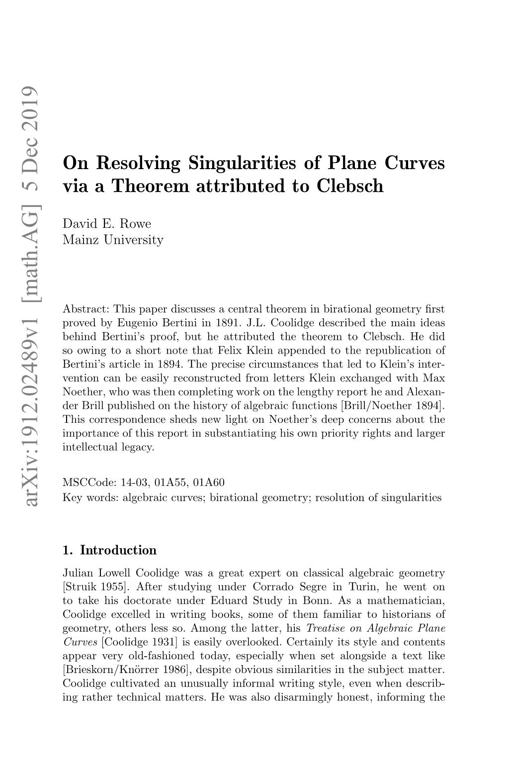 On Resolving Singularities of Plane Curves Via a Theorem Attributed to Clebsch