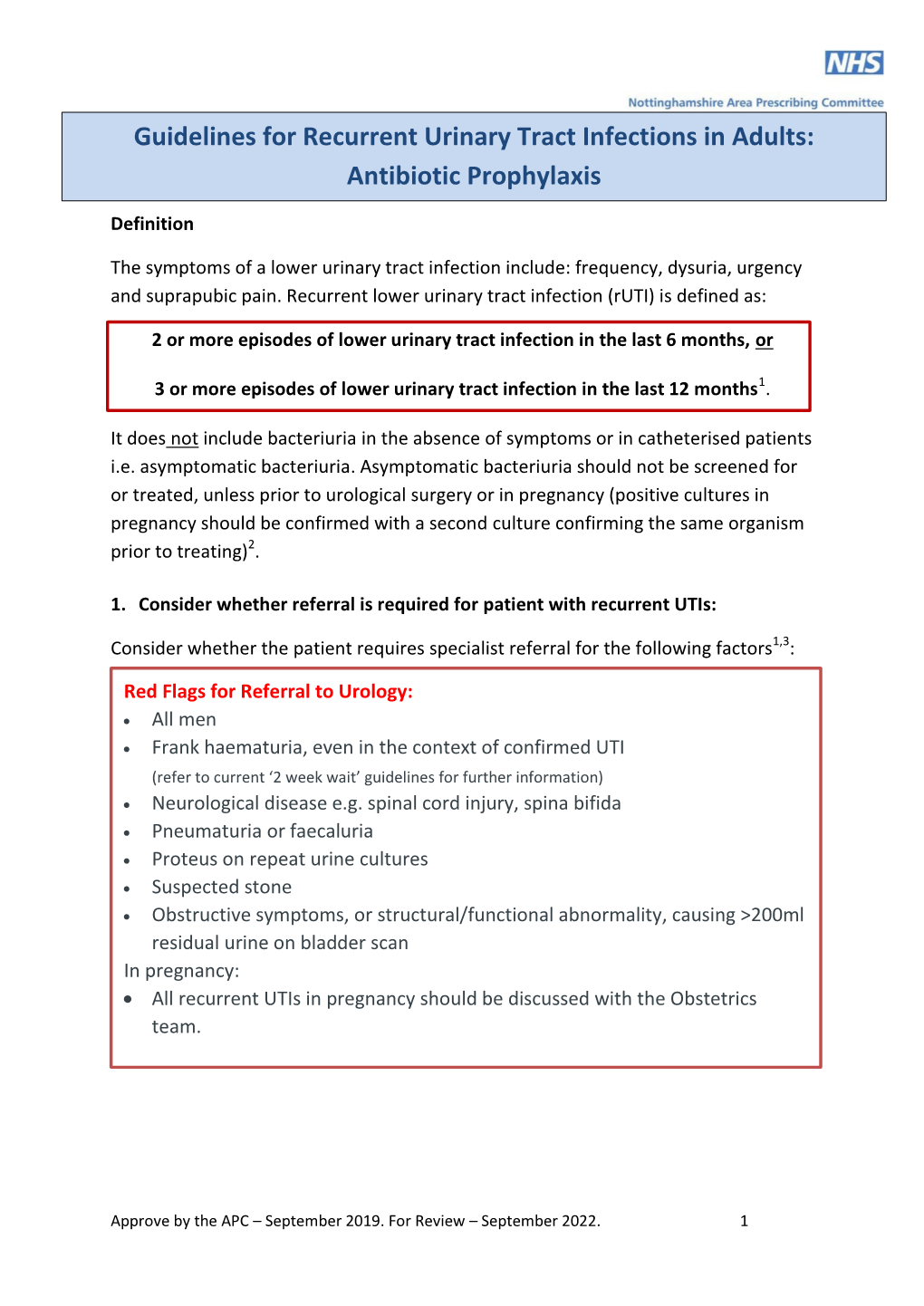 Guidelines for Recurrent Urinary Tract Infections in Adults: Antibiotic Prophylaxis