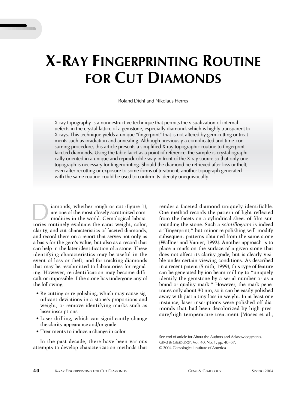 X-Ray Fingerprinting Routine for Cut Diamonds