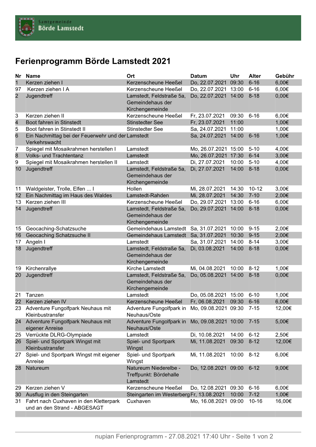 Ferienprogramm Börde Lamstedt 2021