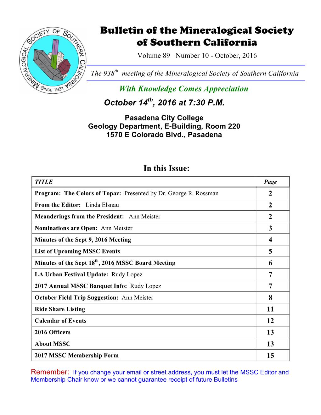 Bulletin of the Mineralogical Society of Southern California