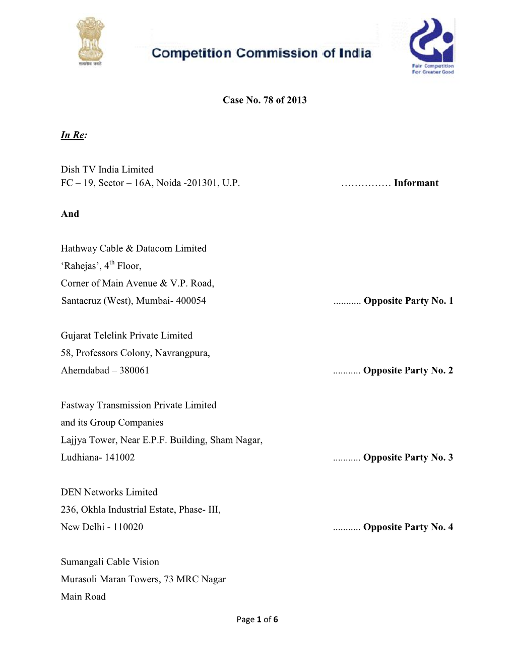 Case No. 78 of 2013 in Re: Dish TV India Limited FC