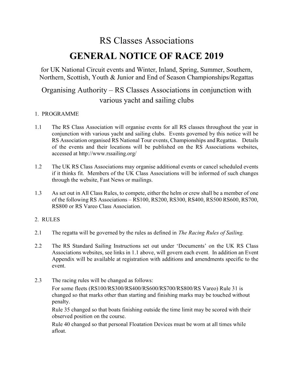 RS Classes Associations GENERAL NOTICE of RACE 2019