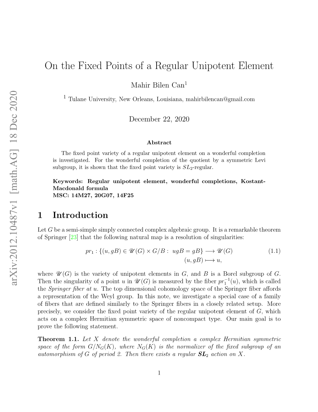 On the Fixed Points of a Regular Unipotent Element