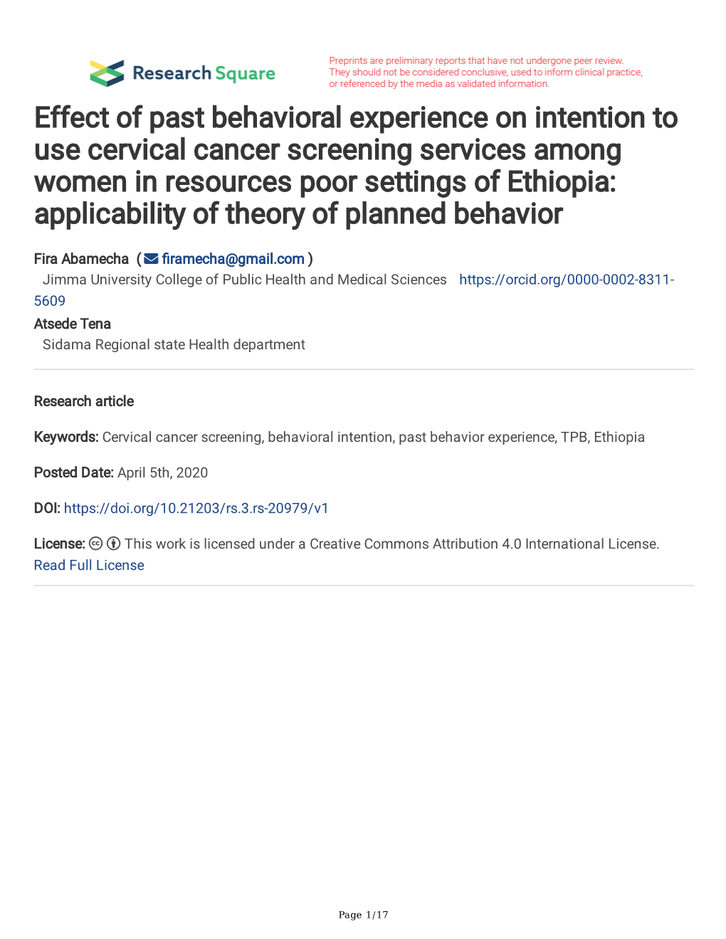 Effect of Past Behavioral Experience on Intention to Use Cervical Cancer