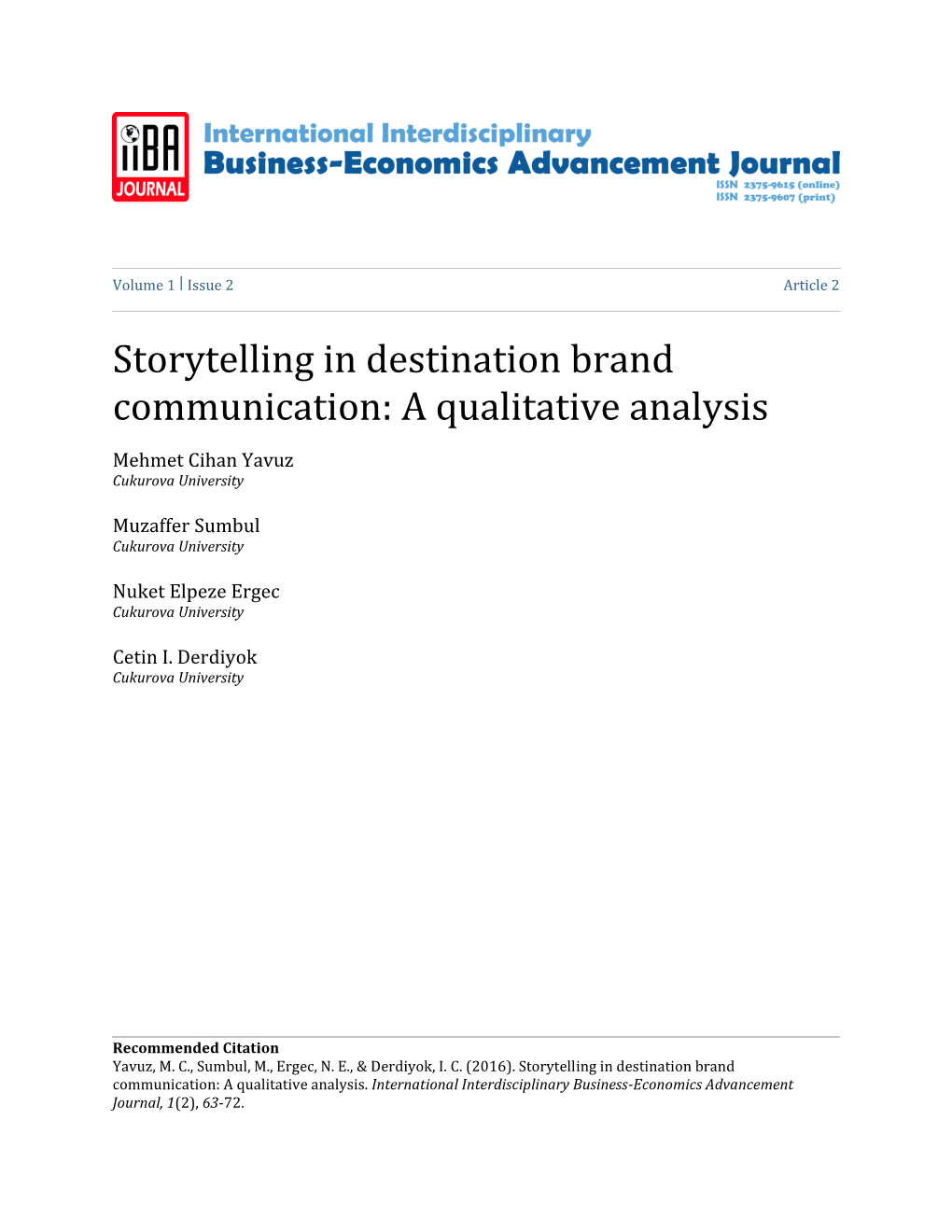 Storytelling in Destination Brand Communication: a Qualitative Analysis