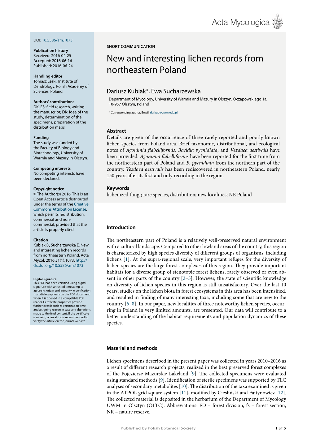 New and Interesting Lichen Records from Northeastern Poland