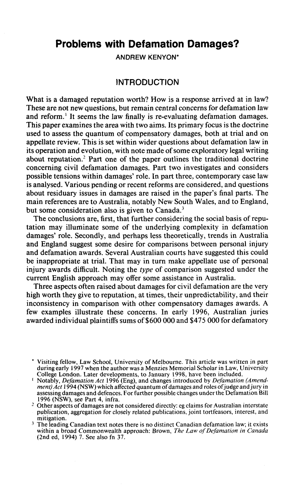 Problems with Defamation Damages? ANDREW KENYON*