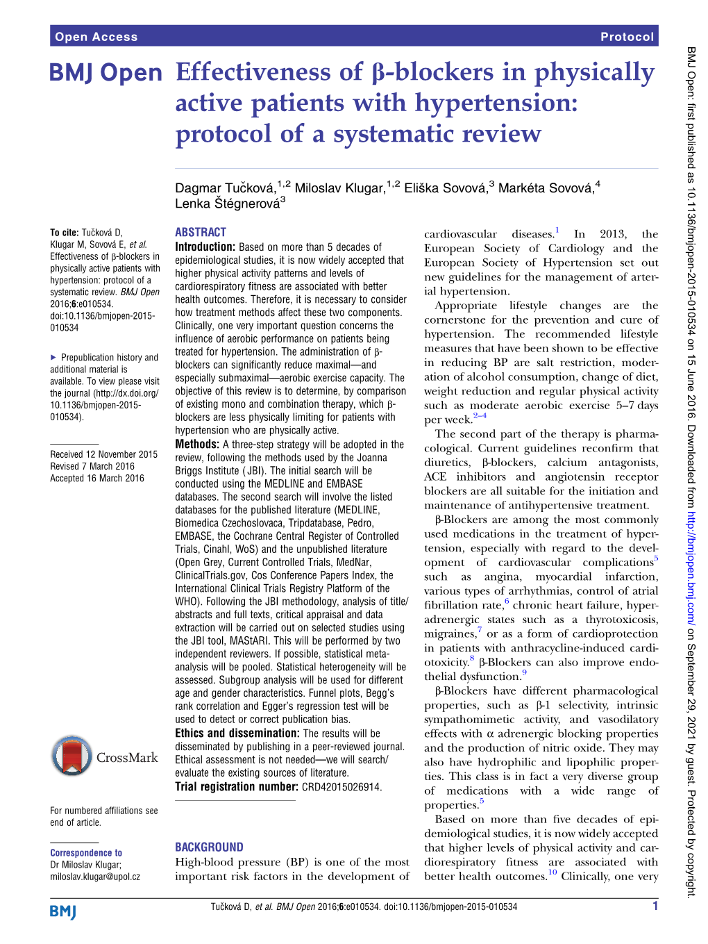 Effectiveness of Β-Blockers in Physically Active Patients with Hypertension: Protocol of a Systematic Review