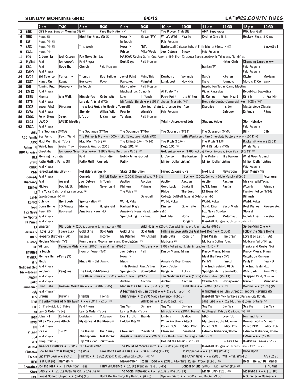 Sunday Morning Grid 5/6/12 Latimes.Com/Tv Times