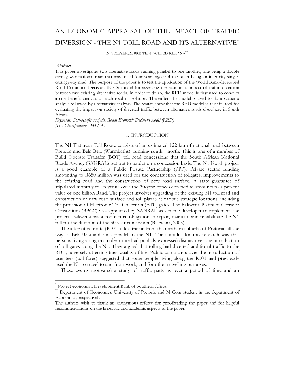 An Economic Appraisal of the Impact of Traffic Diversion - the N1 Toll Road and Its Alternative*