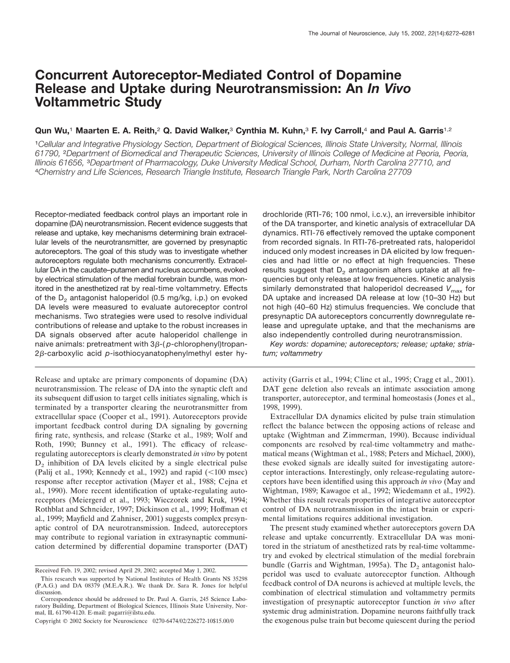 Concurrent Autoreceptor-Mediated Control of Dopamine Release and Uptake During Neurotransmission: an in Vivo Voltammetric Study