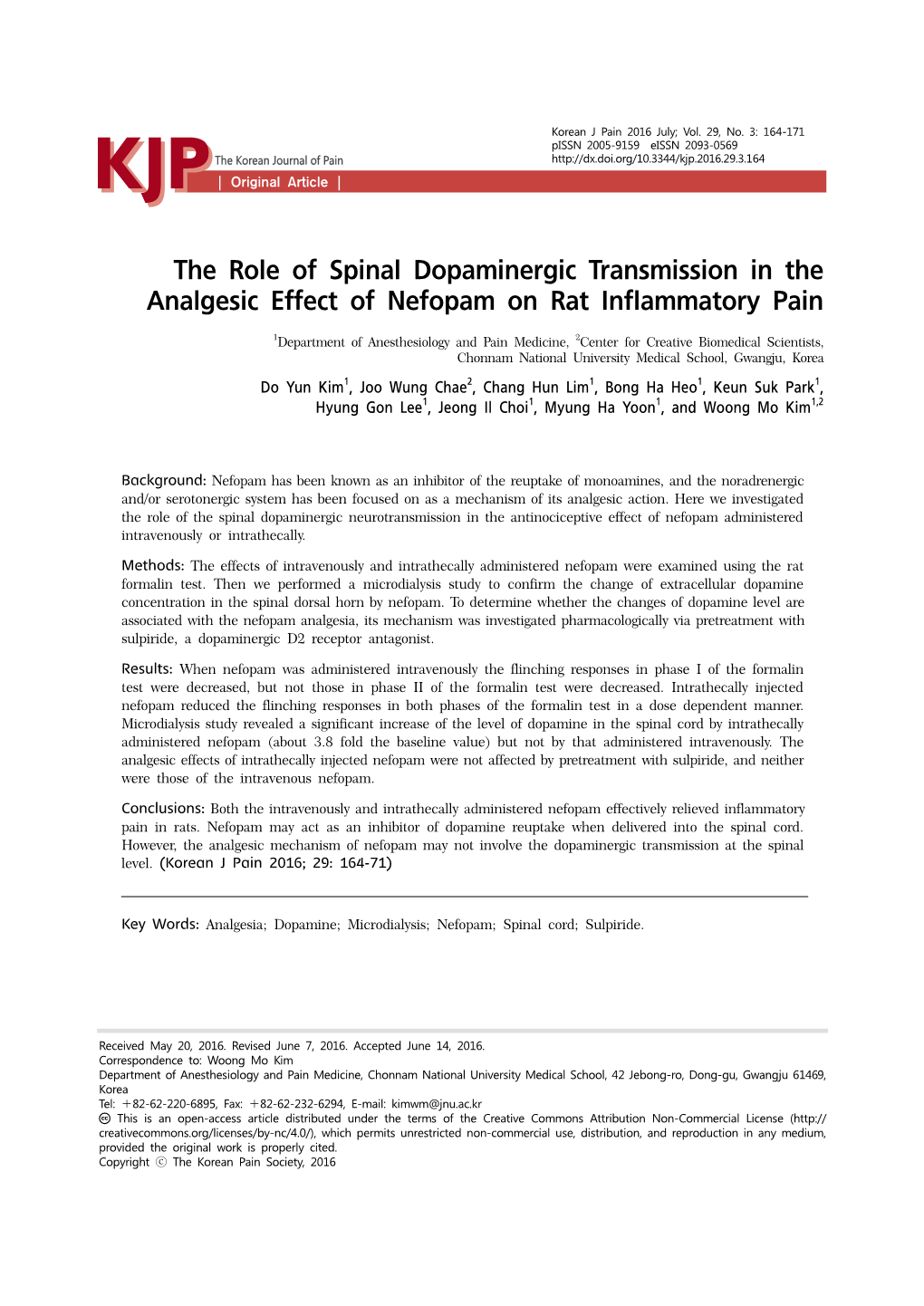 The Role of Spinal Dopaminergic Transmission in the Analgesic Effect of Nefopam on Rat Inflammatory Pain