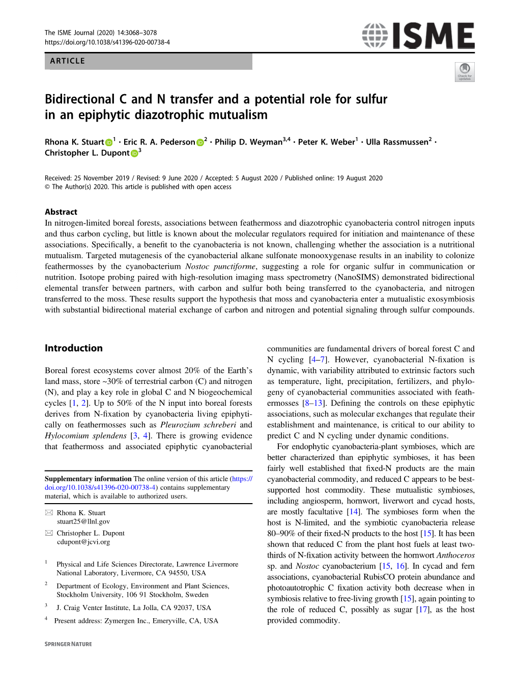 Bidirectional C and N Transfer and a Potential Role for Sulfur in an Epiphytic Diazotrophic Mutualism