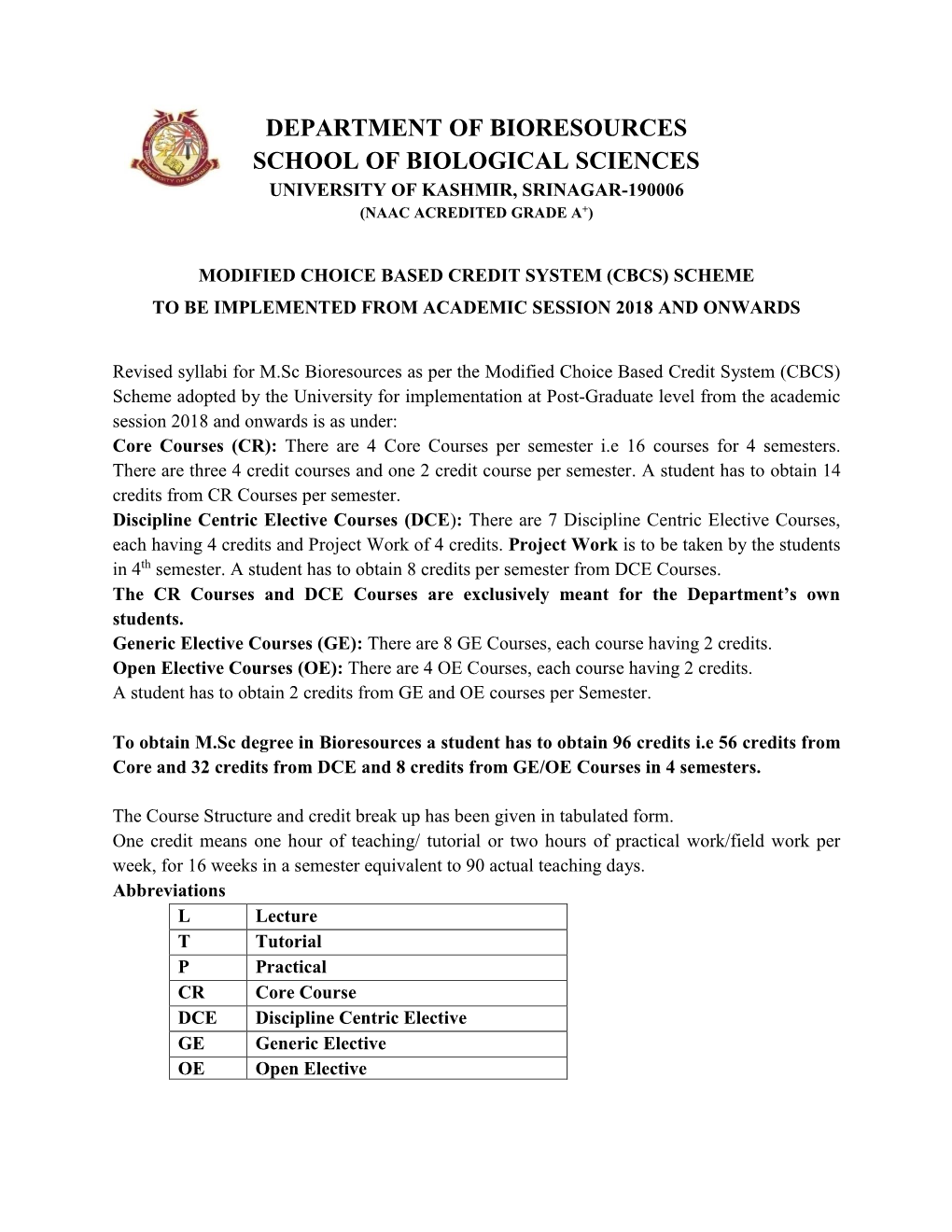 Department of Bioresources School of Biological Sciences University of Kashmir, Srinagar-190006 (Naac Acredited Grade A+)