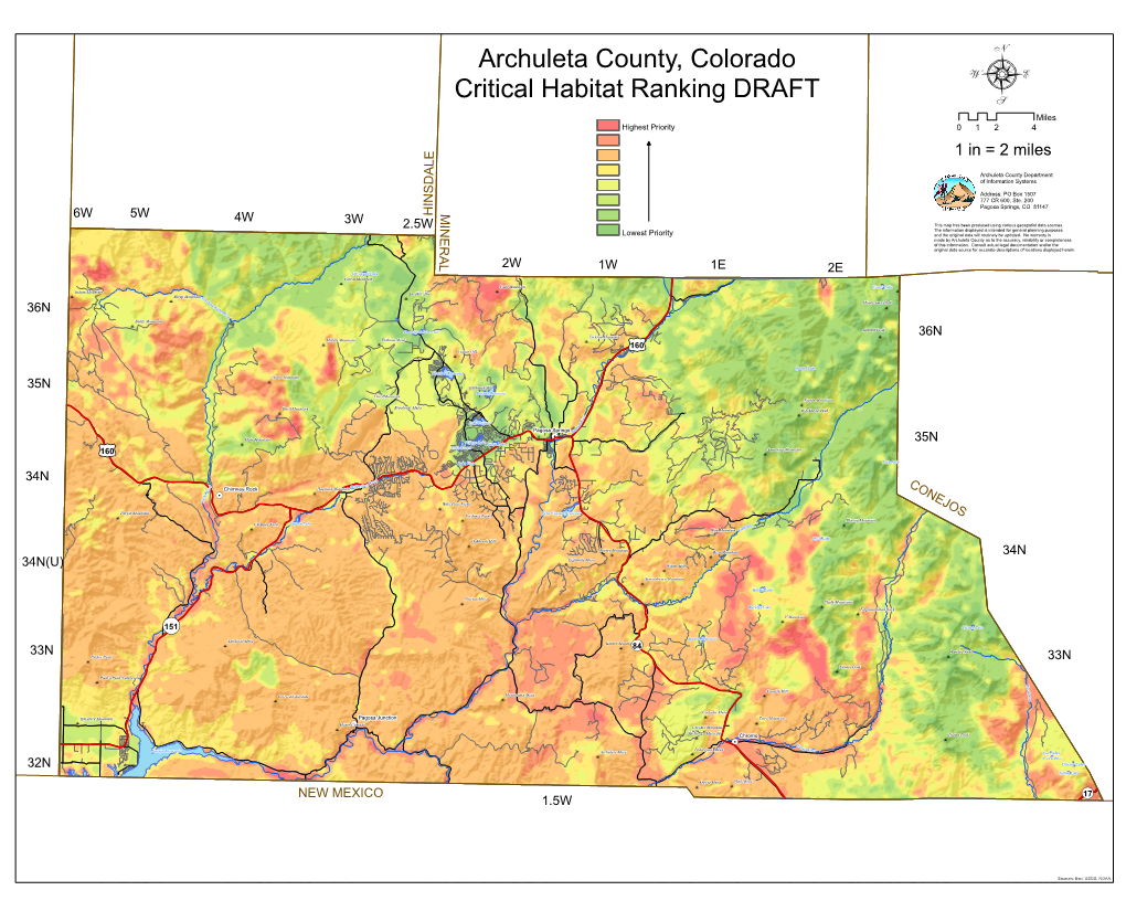 Archuleta County, Colorado Critical Habitat Ranking DRAFT 8 Miles Highest Priority 0 1 2 4