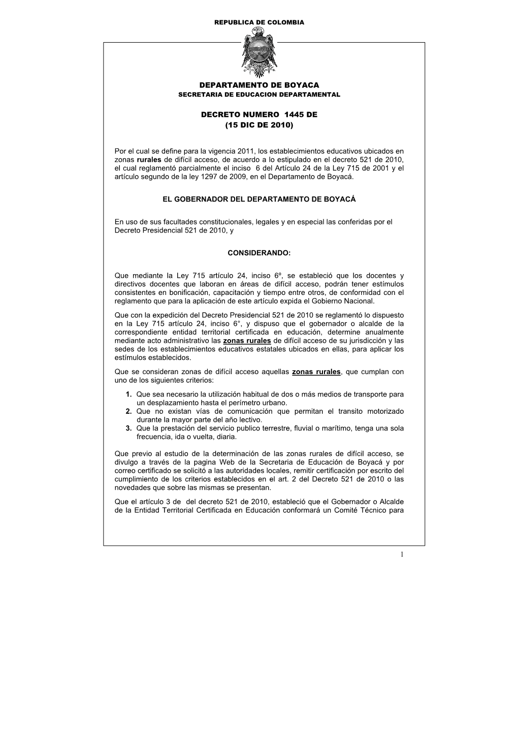 Departamento De Boyaca Decreto Numero 1445 De