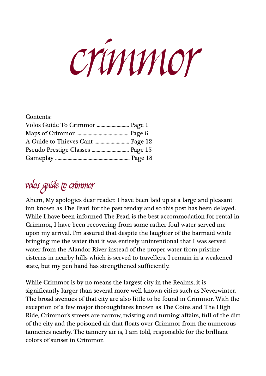 Crimmor Contents: Volos Guide to Crimmor