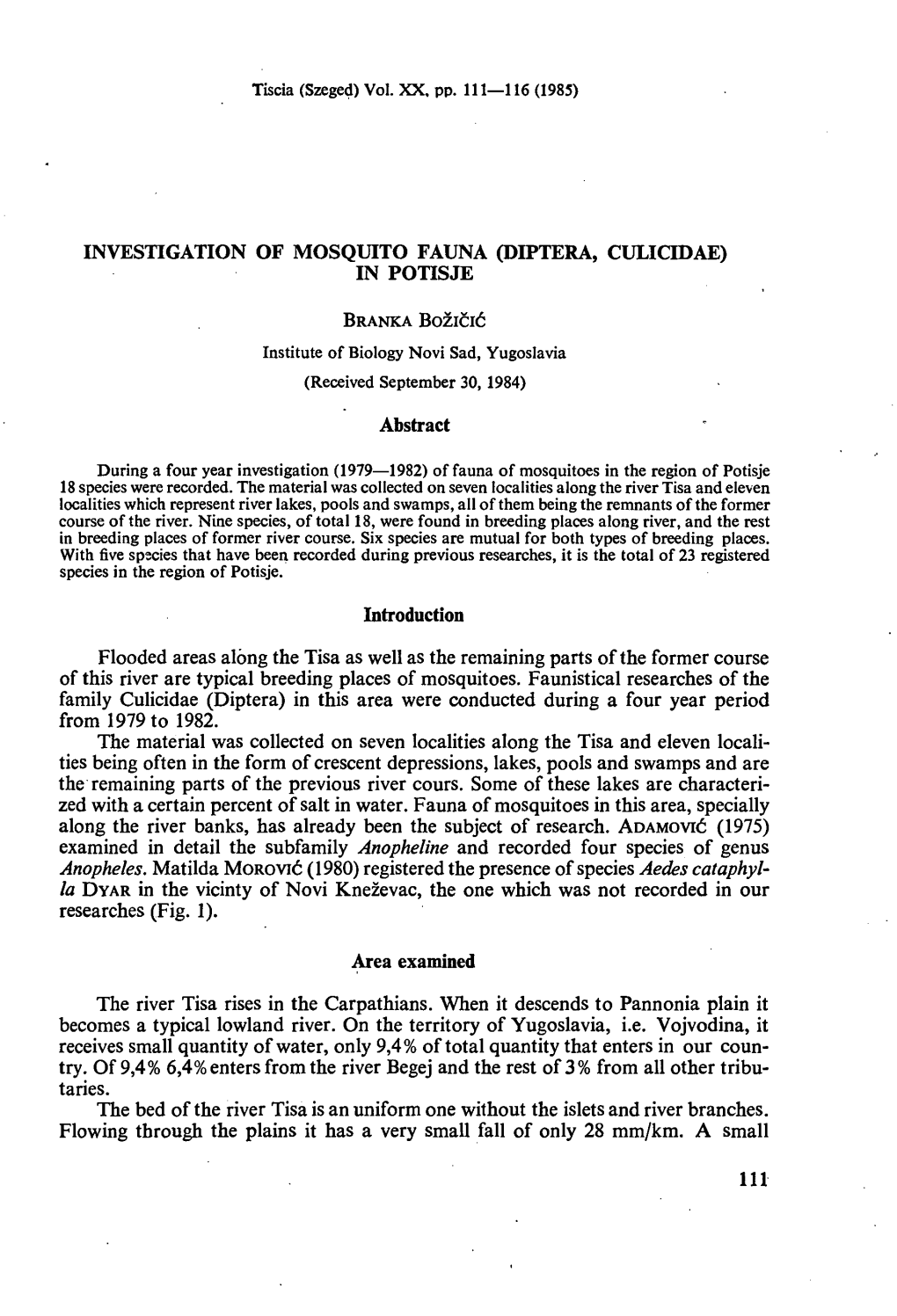 Investigation of Mosquito Fauna (Diptera, Culicidae) in Potisje