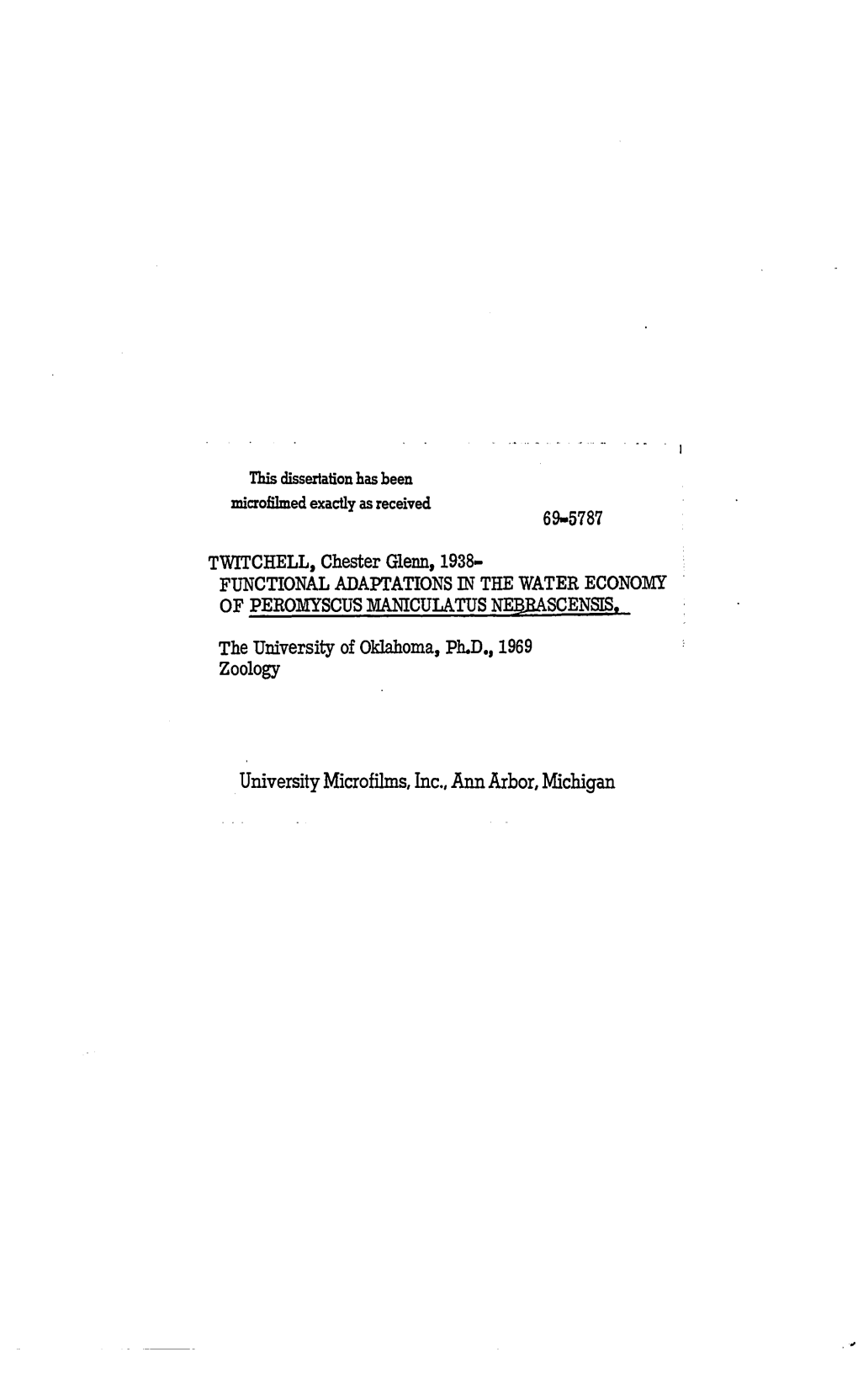 Twrrchell, Chester Glenn, 1938- FTJNCTIONAL ADAPTATIONS in the WATER ECONOMY of PEROMYSCUS MANICULATUS Negrascensis