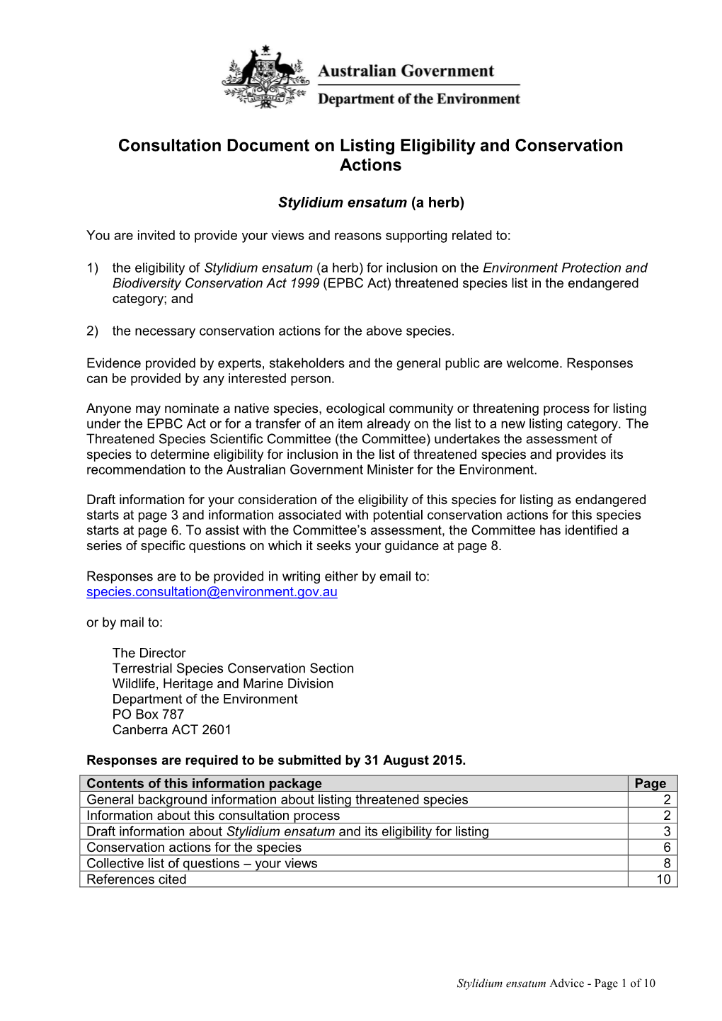 Consultation Document on Listing Eligibility and Conservation Actions Stylidium Ensatum