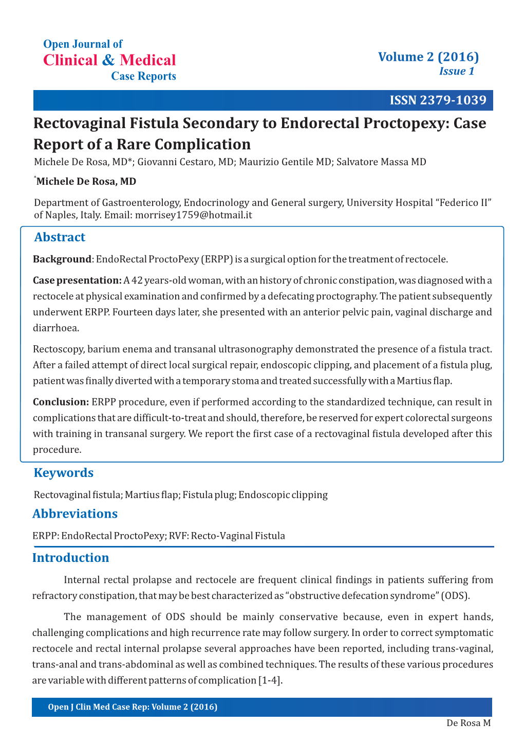 Rectovaginal Fistula Secondary to Endorectal Proctopexy