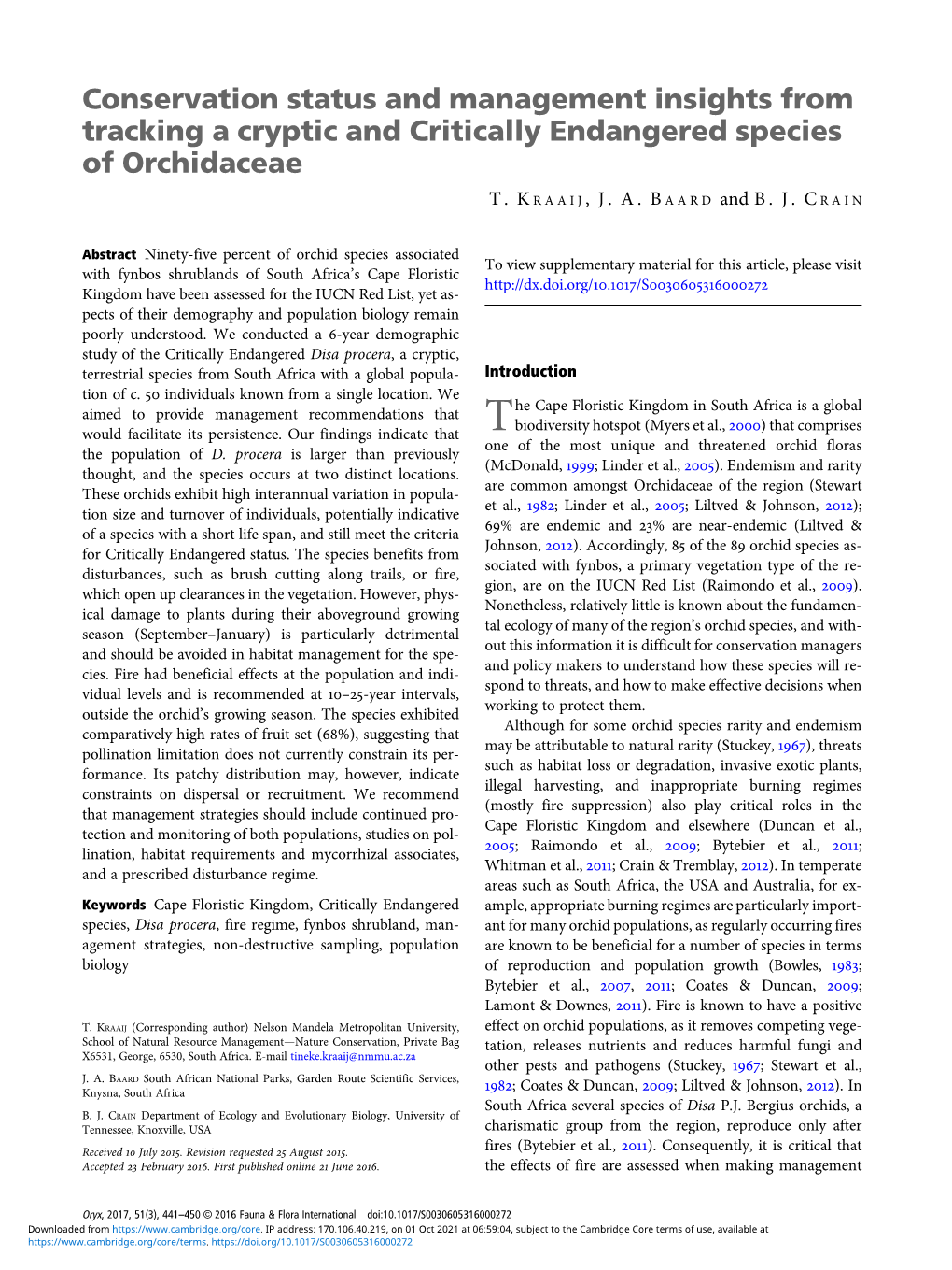 Conservation Status and Management Insights from Tracking a Cryptic and Critically Endangered Species of Orchidaceae