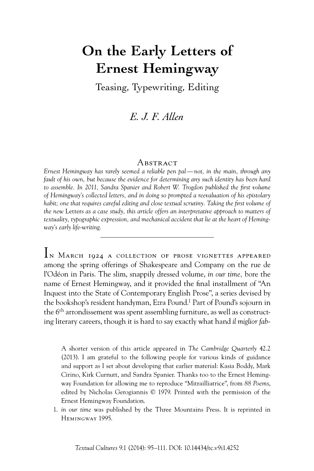 On the Early Letters of Ernest Hemingway Teasing, Typewriting, Editing