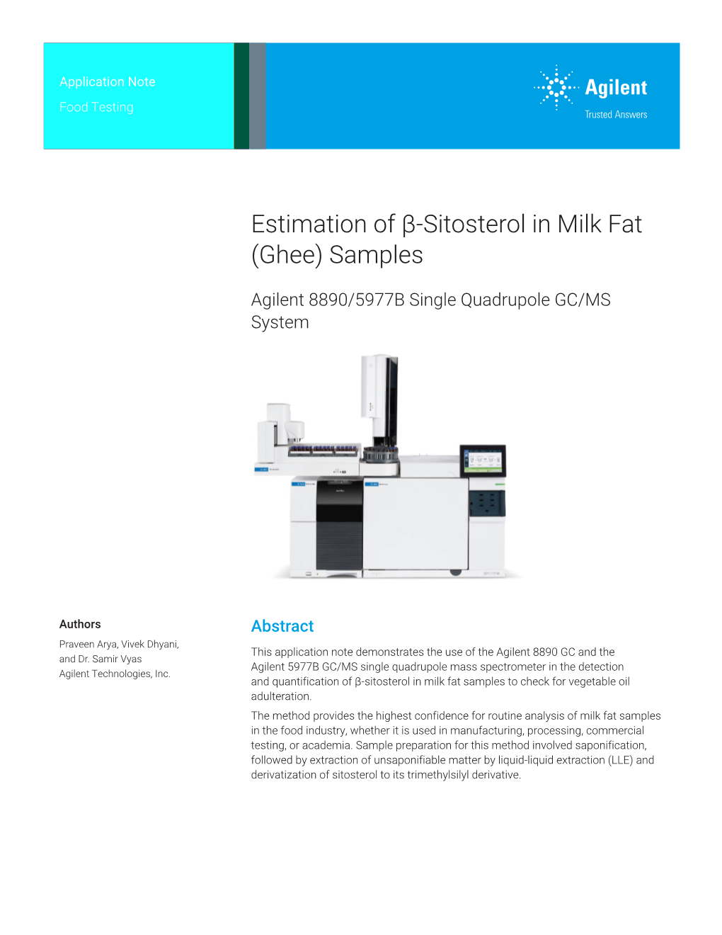 Estimation of Beta-Sitosterol in Milk Fat (Ghee) by Agilent 8890 GC and 5977B MS