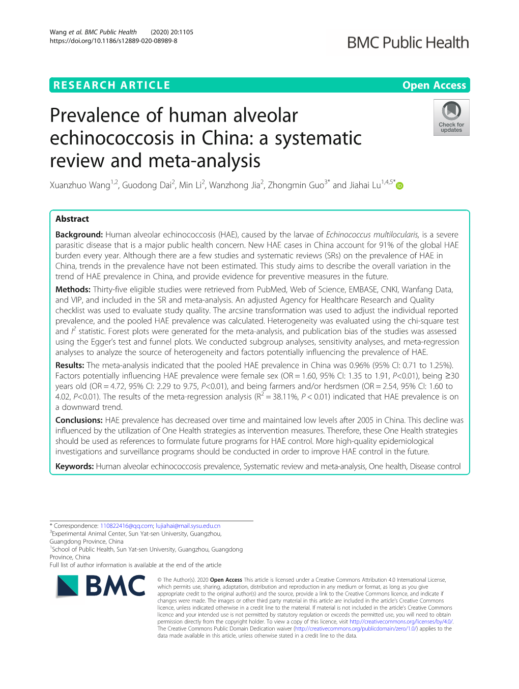 Prevalence of Human Alveolar Echinococcosis in China: A