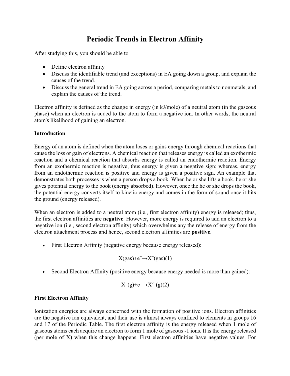 Periodic Trends in Electron Affinity