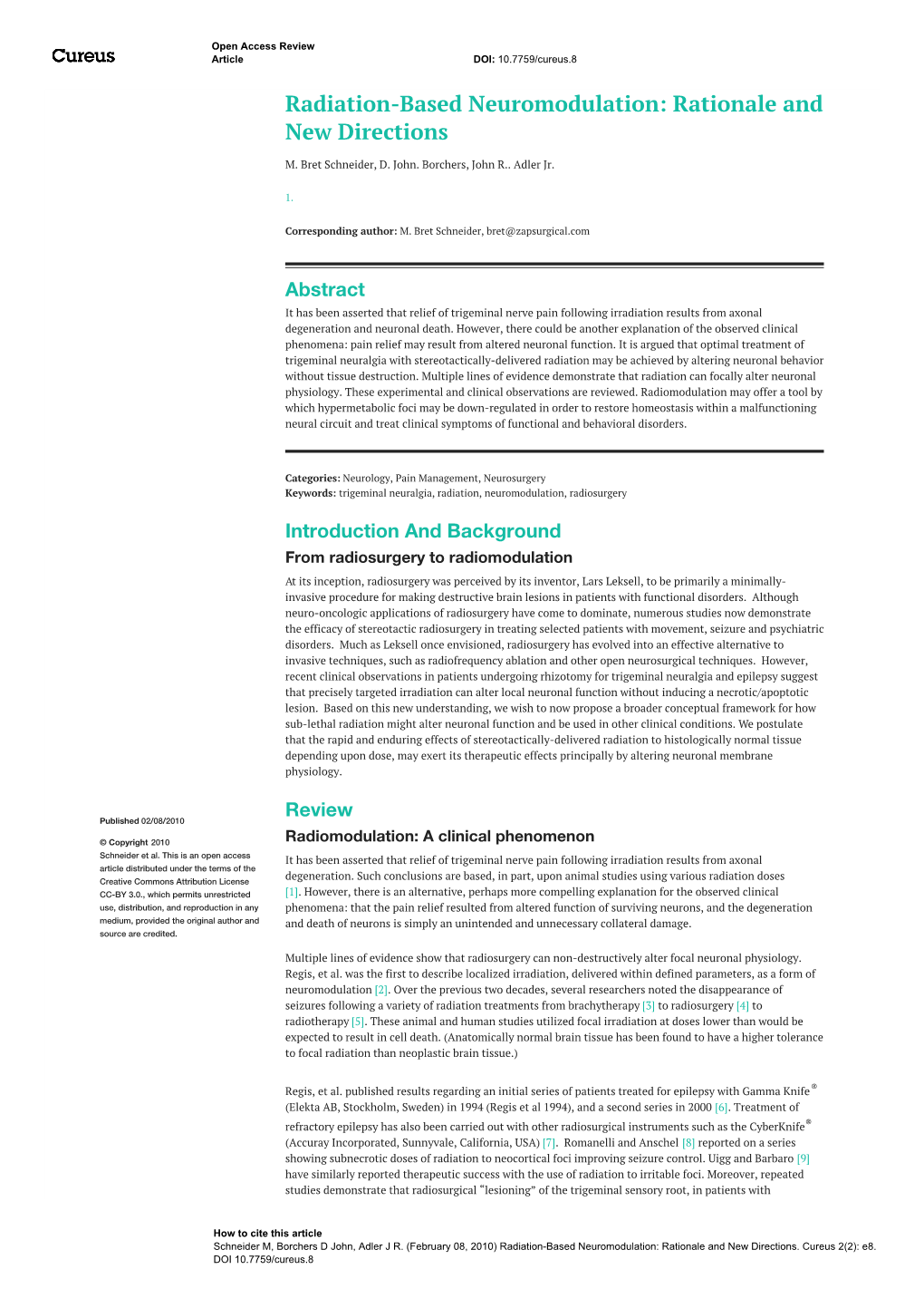 Radiation-Based Neuromodulation: Rationale and New Directions