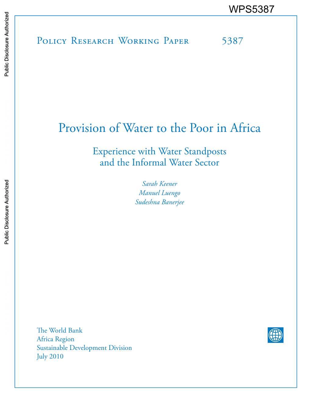 Provision of Water to the Poor in Africa