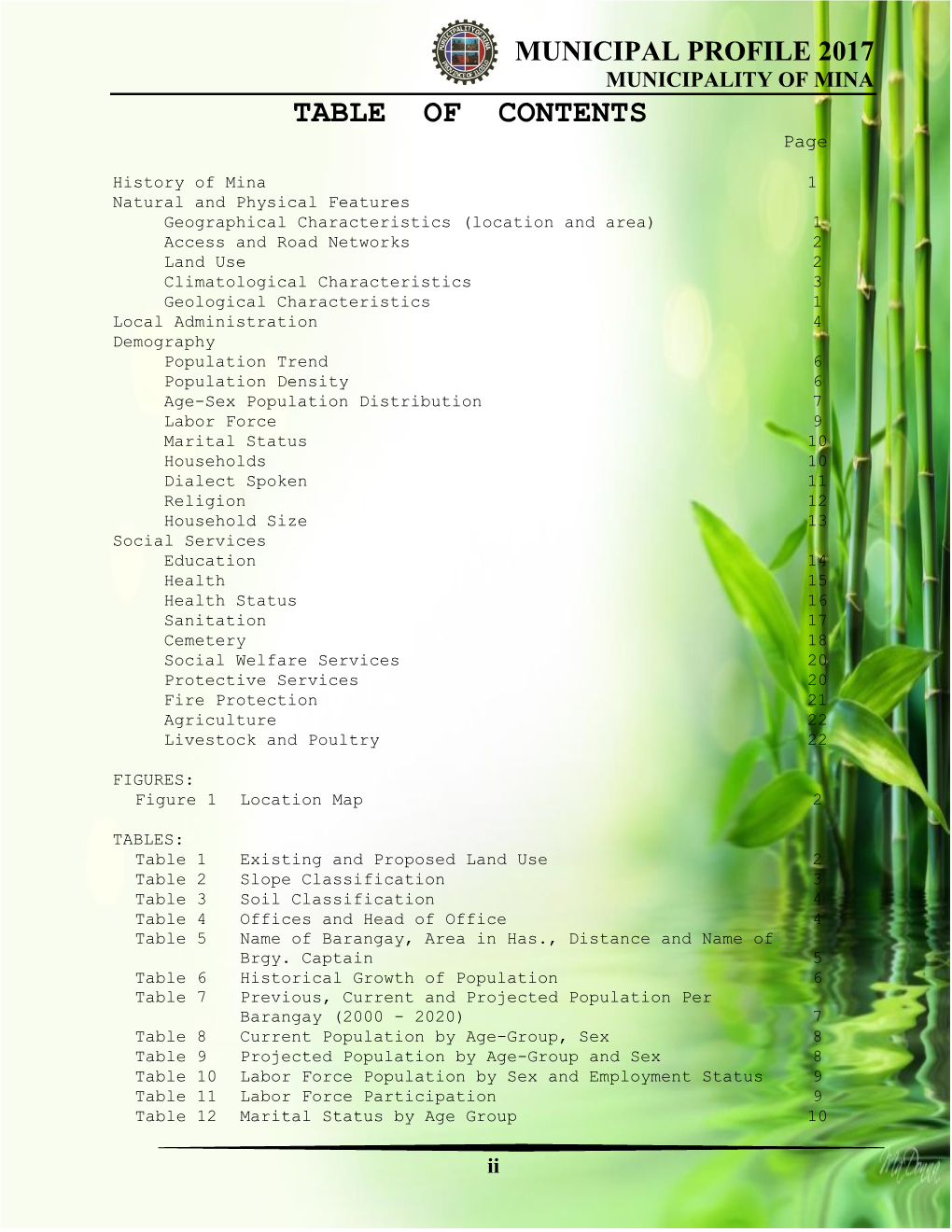 MUNICIPAL PROFILE 2017 MUNICIPALITY of MINA TABLE of CONTENTS Page