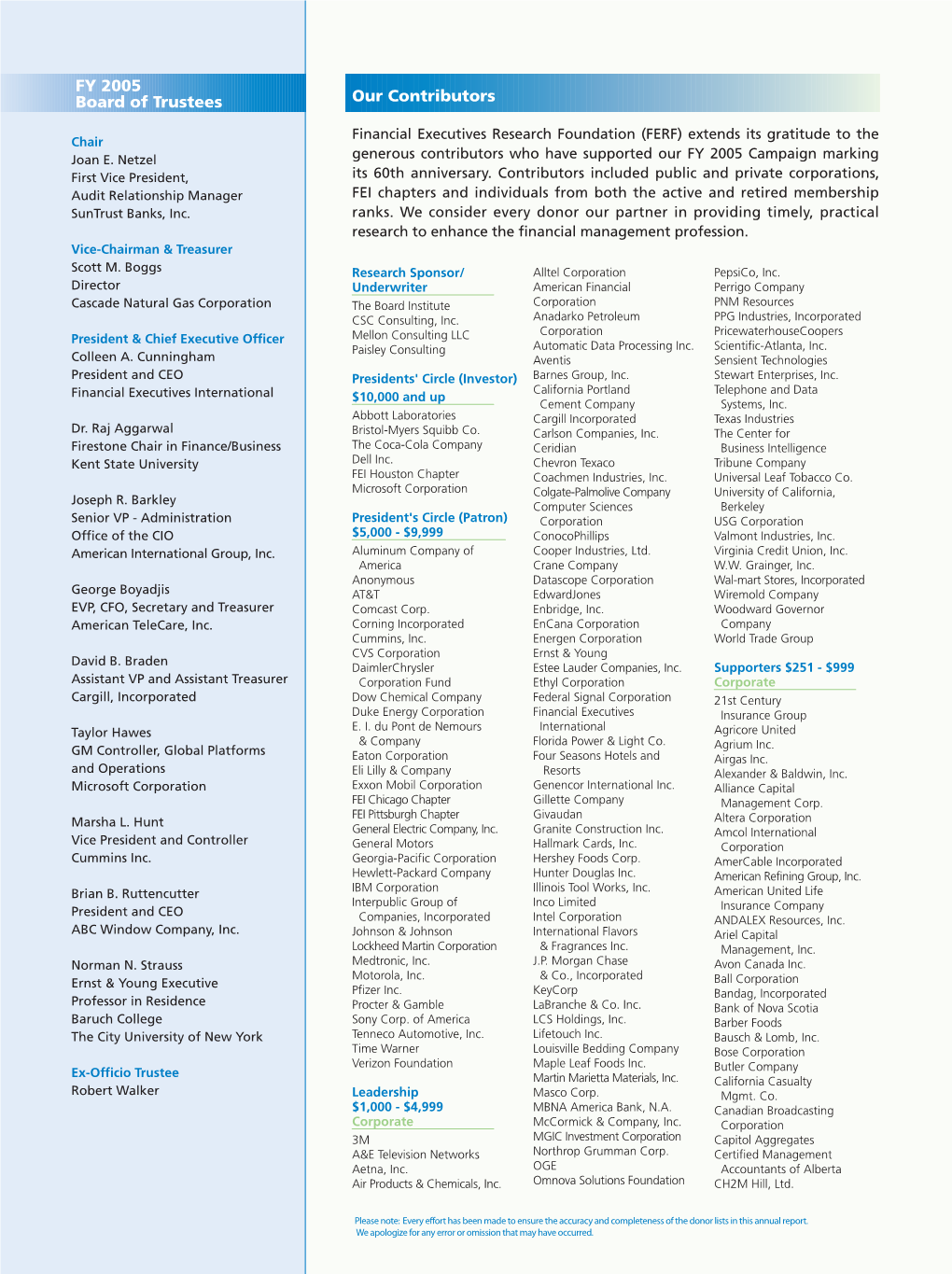 Our Contributors FY 2005 Board of Trustees