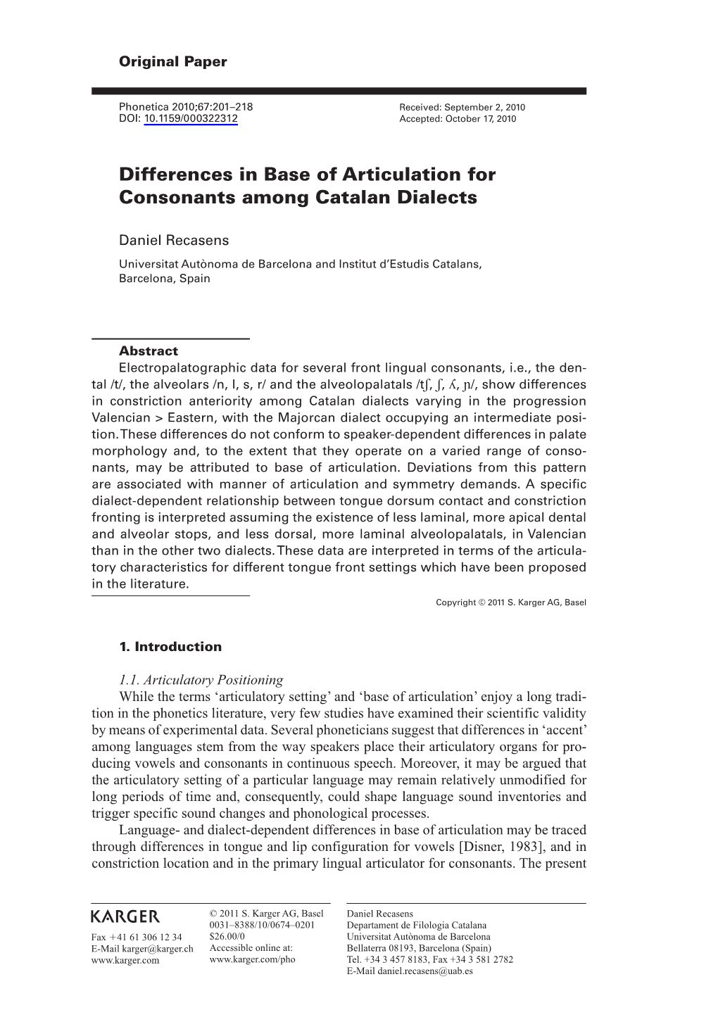 Differences in Base of Articulation for Consonants Among Catalan Dialects