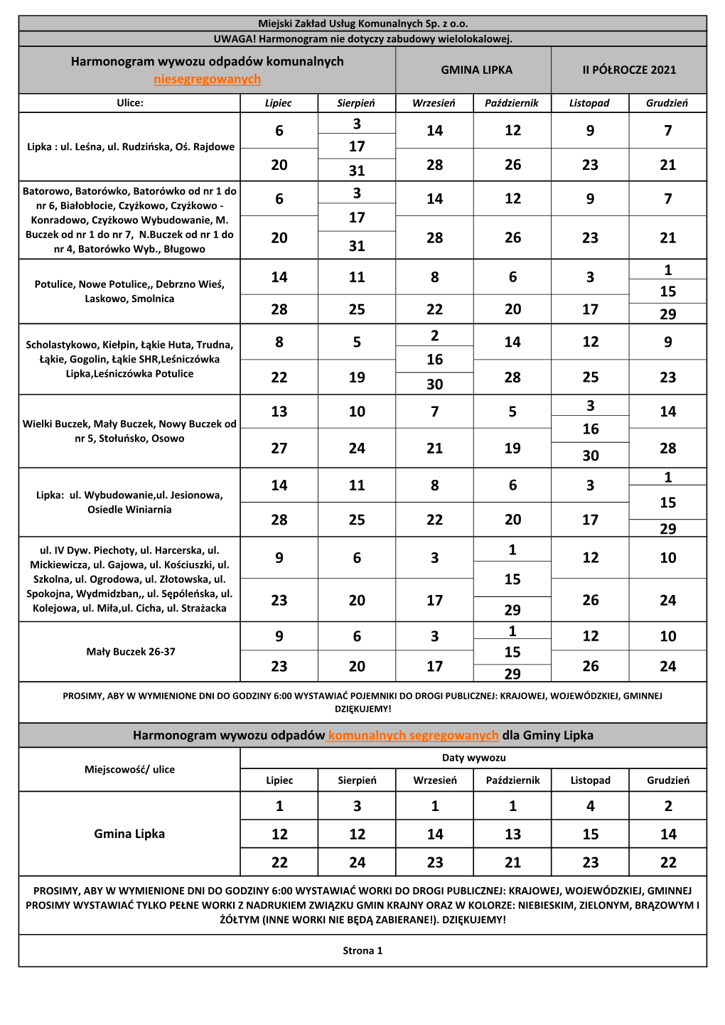 Harmonogram Wywozu Odpadów Komunalnych Niesegregowanych Gmina Lipka Harmonogram Wywozu Odpadów Komunalnych Segregowanych Dla G
