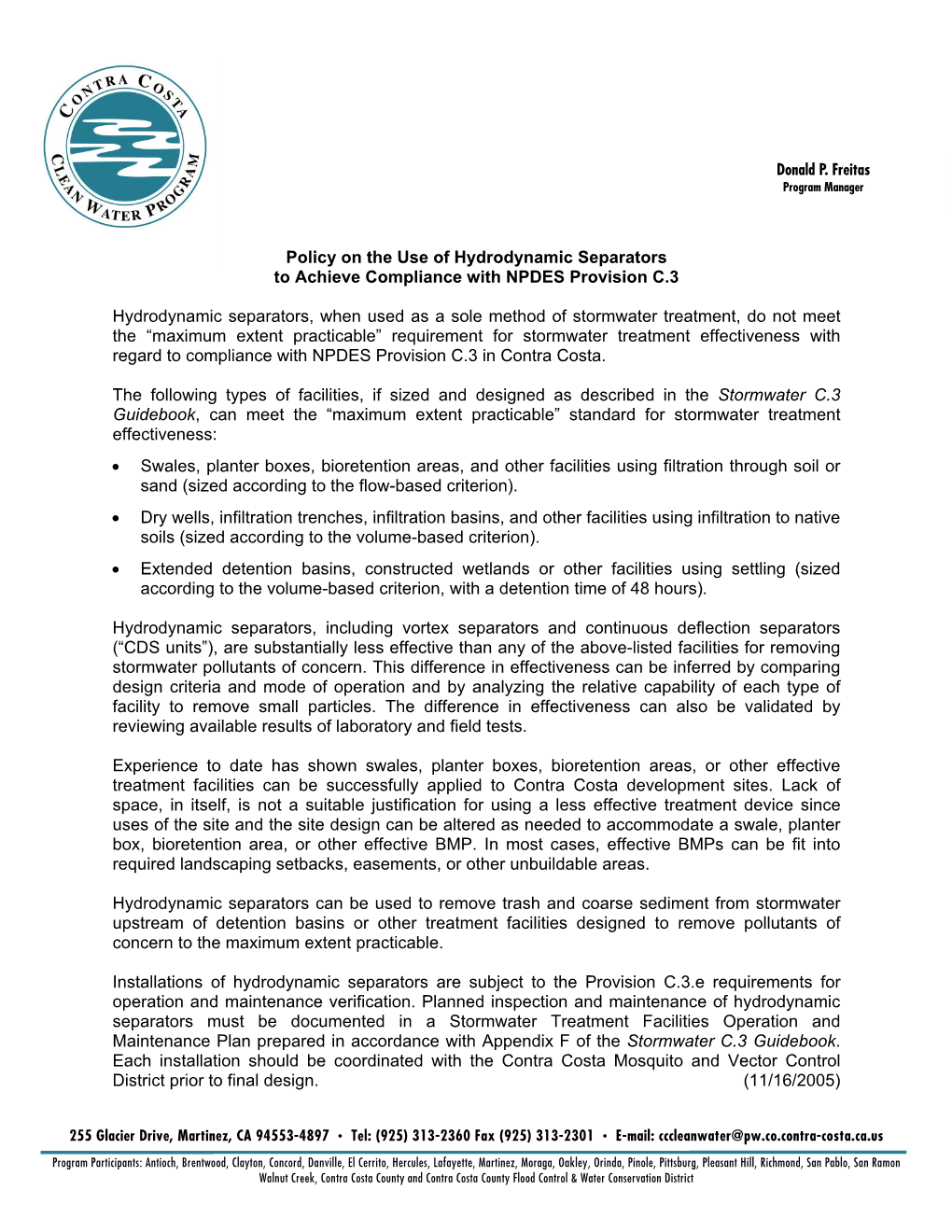 Policy on the Use of Hydrodynamic Separators to Achieve Compliance with NPDES Provision C.3