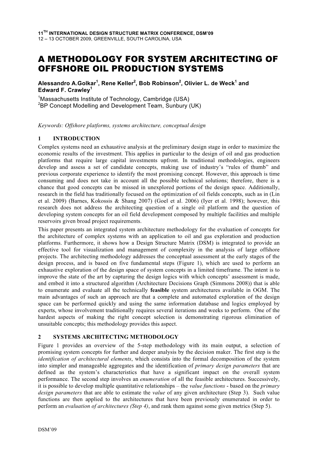 A Methodology for System Architecting of Offshore Oil Production Systems