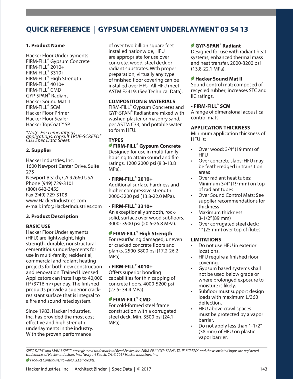 Quick Reference | Gypsum Cement Underlayment 03 54 13