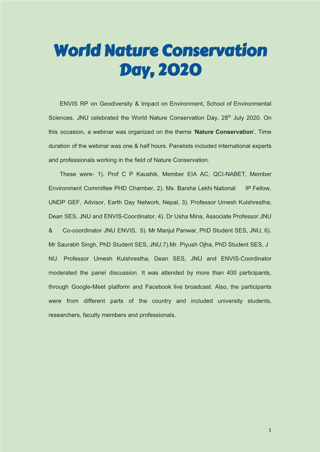 World Nature Conservation Day, 2020