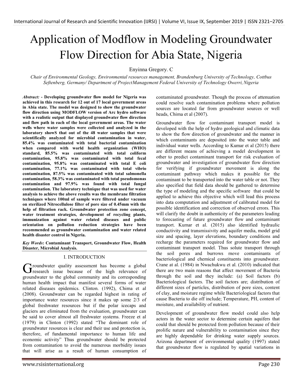 Application of Modflow in Modeling Groundwater Flow Direction for Abia State, Nigeria