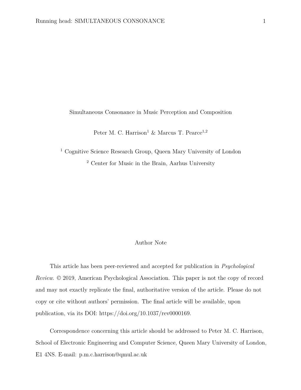 Simultaneous Consonance in Music Perception and Composition