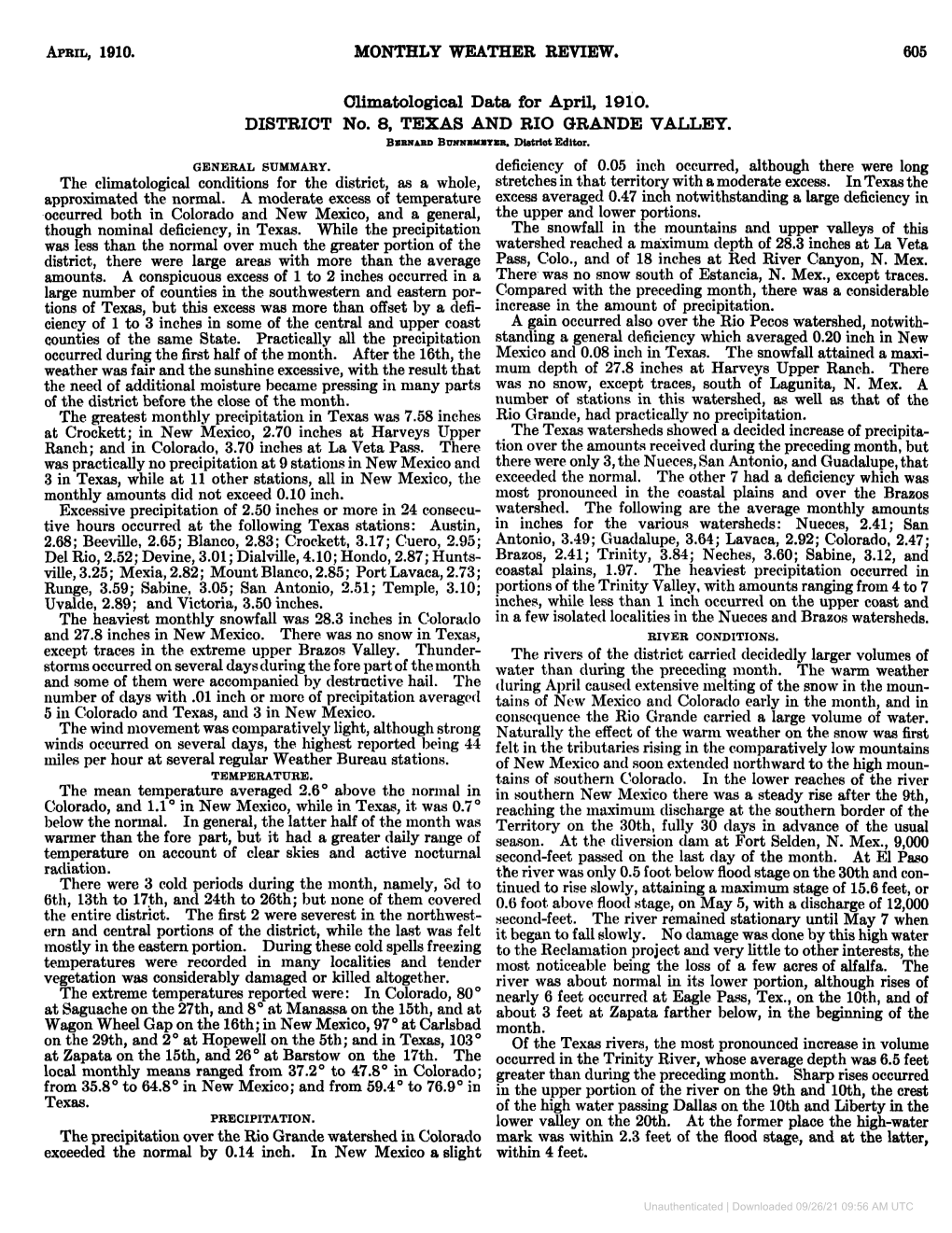 APRIL, 1910. MONTHLY WEATHER REVIEW. Climatological Data for April, 1910. DISTRICT No. 8, TEXAS and RIO GRANDE VALLEY