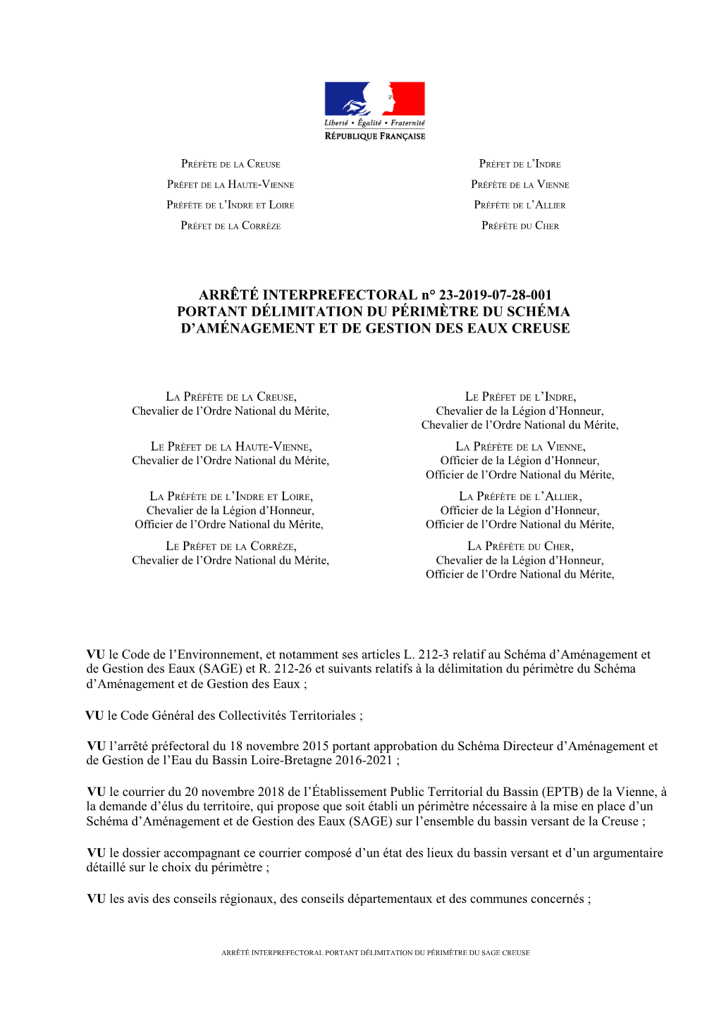 ARRÊTÉ INTERPREFECTORAL N° 23-2019-07-28-001 PORTANT DÉLIMITATION DU PÉRIMÈTRE DU SCHÉMA D’AMÉNAGEMENT ET DE GESTION DES EAUX CREUSE