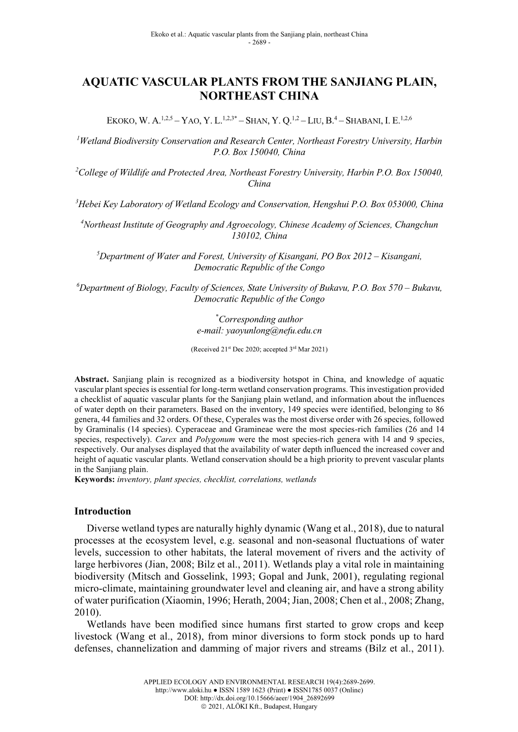 Aquatic Vascular Plants from the Sanjiang Plain, Northeast China - 2689