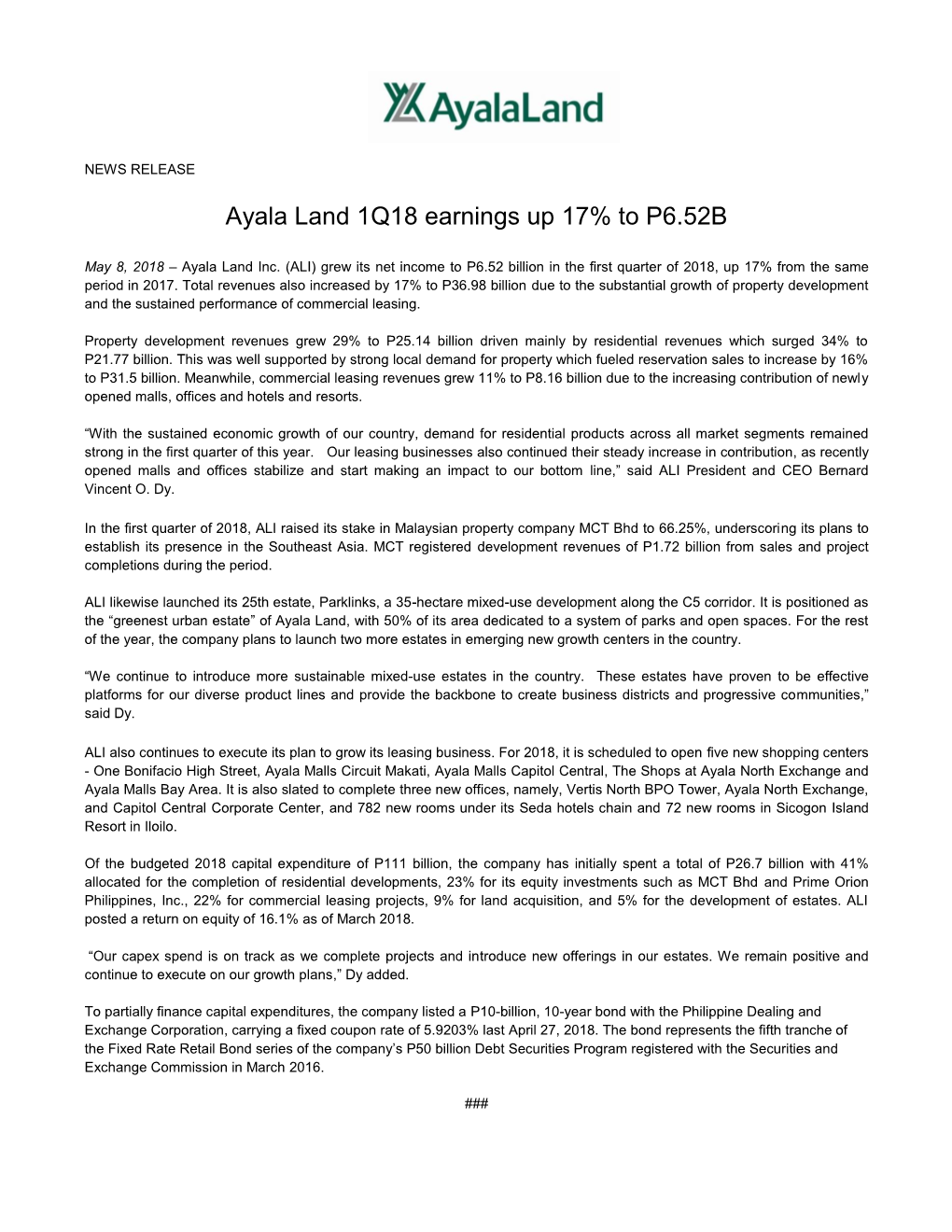 Ayala Land 1Q18 Earnings up 17% to P6.52B